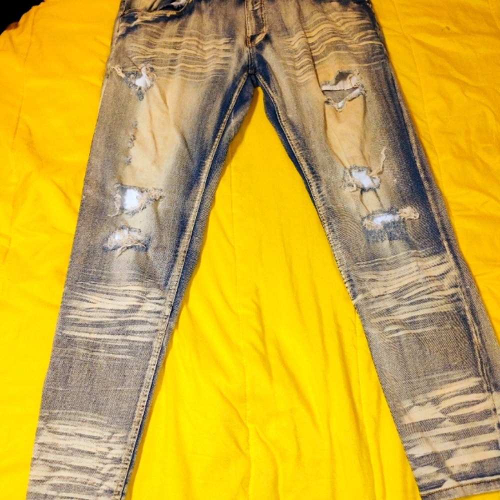 Men's Slim Fit Jeans 38x42 Size Copper Rivert Light Blue with Holes Y2K